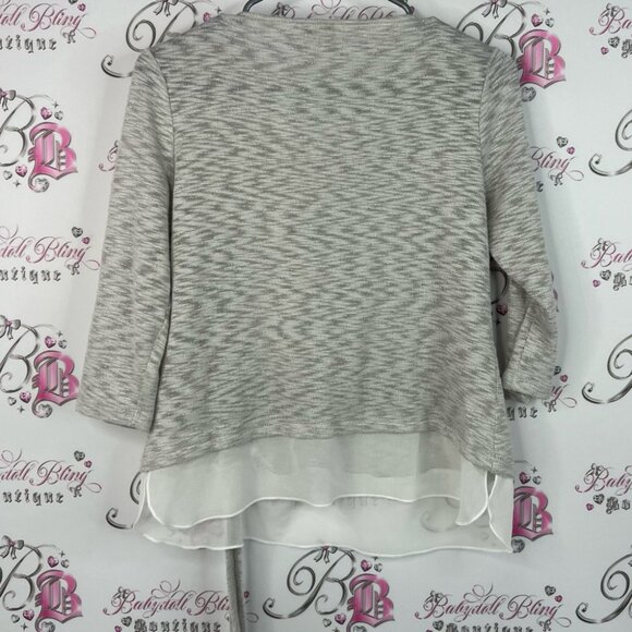 Laura long sleeve cinch tie up Elegant Gray and White Women's Blouse - Picture 2 of 6